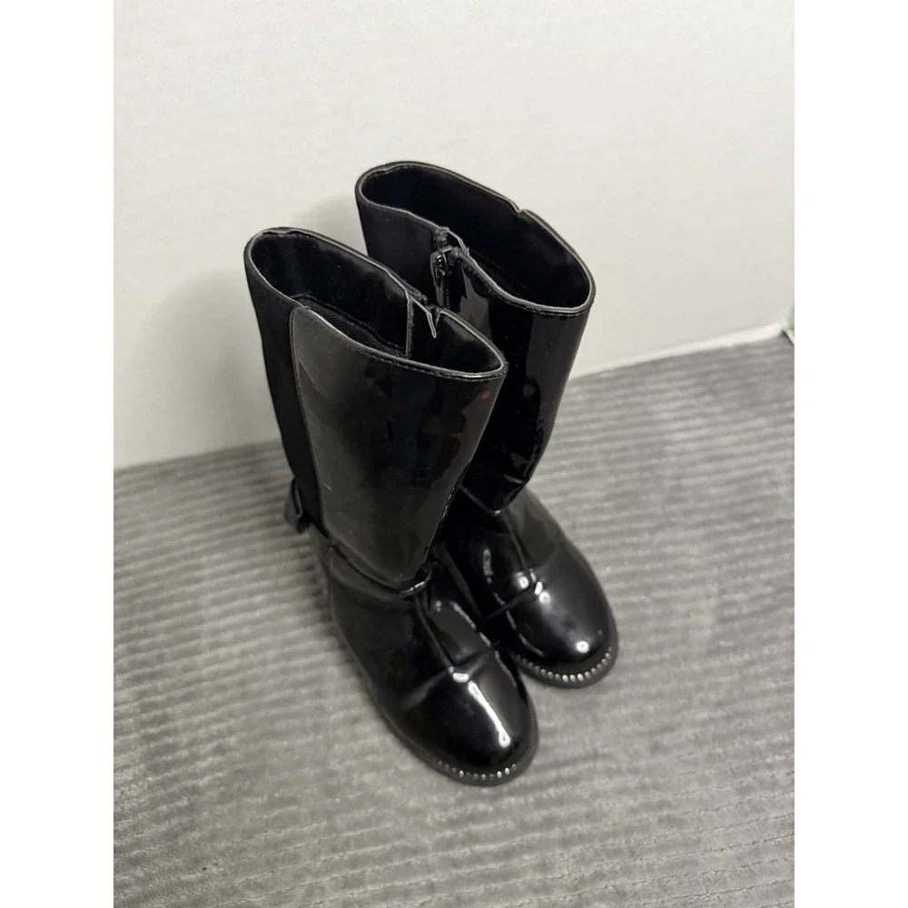 Place Girls Black Leather Round Toe Zipper Mid Calf Chelsea Boots Size 8
